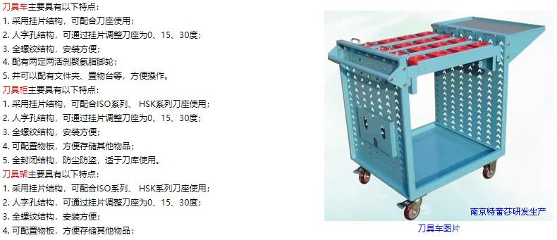 刀具車主要具有以下特點： 1. 采用掛片結構，可配合刀座使用； 2. 人字孔結構，可通過掛片調整刀座為0、15、30度； 3. 全螺紋結構，安裝方便； 4. 配有兩定兩活剎聚氨脂腳輪； 5. 并可以配有文件夾、置物臺等，方便操作。 刀具柜主要具有以下特點： 1. 采用掛片結構，可配合ISO系列、 HSK系列刀座使用； 2. 人字孔結構，可通過掛片調整刀座為0、15、30度； 3. 全螺紋結構，安裝方便； 4. 可配置物板，方便存儲其他物品； 5. 全封閉結構，防塵防盜，適于刀庫使用。 刀具架主要具有以下特點： 1. 采用掛片結構，可配合ISO系列、 HSK系列刀座使用； 2. 人字孔結構，可通過掛片調整刀座為0、15、30度； 3. 全螺紋結構，安裝方便； 4. 可配置物板，方便存儲其他物品；